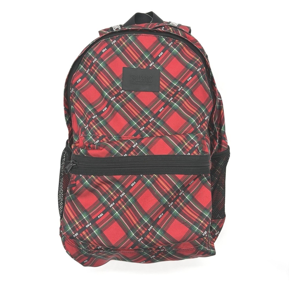 Victoria's Secret PINK Plaid Backpack Red Black Green Adjustable Straps Zipper